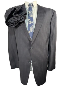 HART SCHAFFNER MARX Mens Navy Blue Stripe Pleated 2pc Suit 46L Jacket 38x30 Pant - Picture 1 of 14