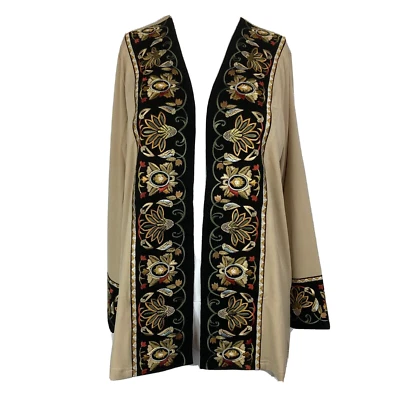 NWT Bob Mackie Cardigan Womens Sz XS Beige Embroidered Stretch Knit Open Kimono - Изображение 1 из 4