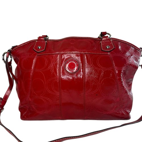 Borsa a tracolla Coach Signature trapezoidale punto righe vernice pelle rossa