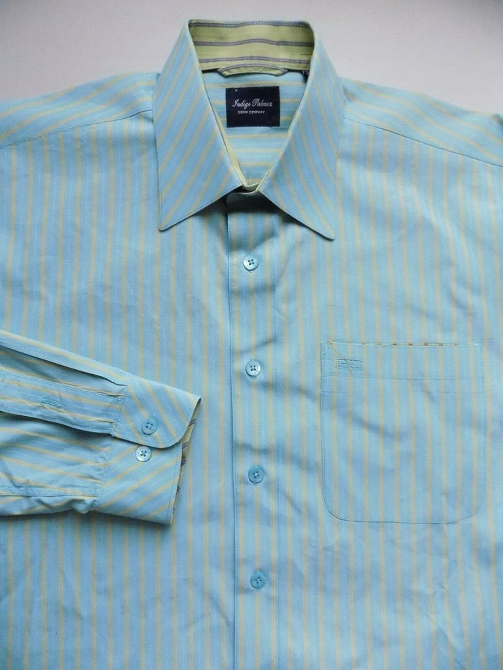 Camisa de vestir INDIGO PALMS para hombre talla grande rayas verdes 100 % algodón 16 LS Foto 1 de 4