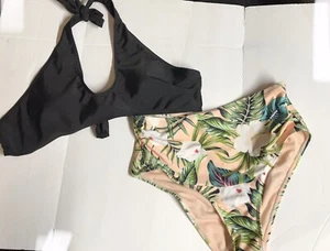 Cupshe Black Halter Tropical Ruched High Waist Bottoms Bikini; Top-L Bottoms- M - Picture 1 of 7