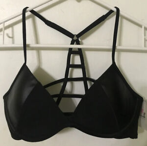 PINK Victoria’s Secret Bikini Top S Halter Black/leather Adjustable Straps NWT