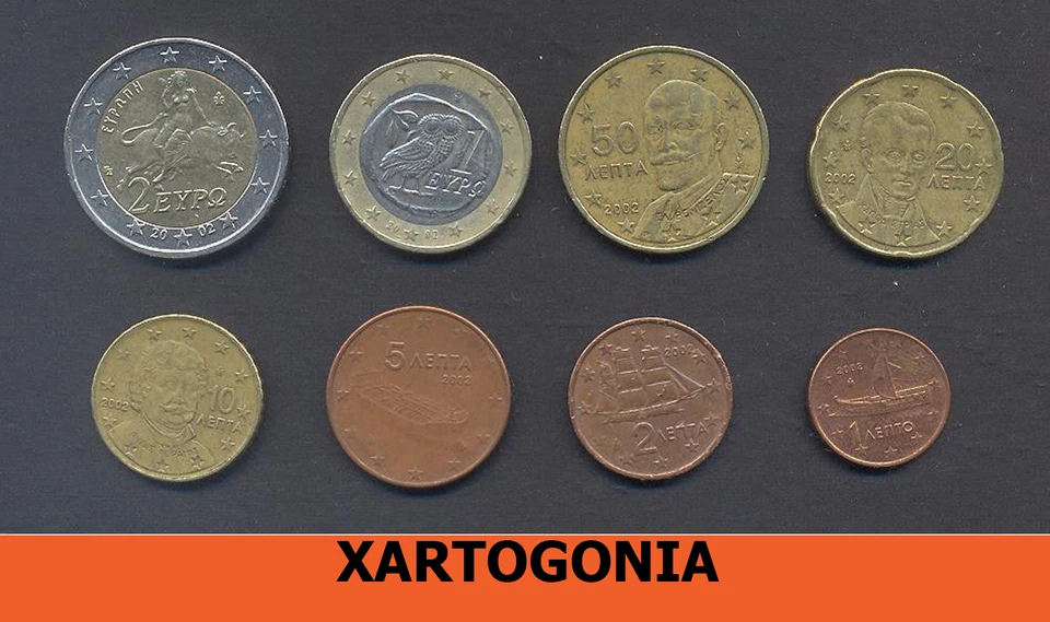MONEDAS GRECIA, JUEGO COMPLETO 2002, 1,2 EUROS, 50, 20, 10, 5, 2,1 LEPTA (CENTAVOS), F Foto 1 de 2