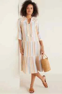 Soft Surroundings Laguna Gauze Dress Sz L Peach Grey Striped Maxi Tiered Tie NEW - Picture 1 of 11