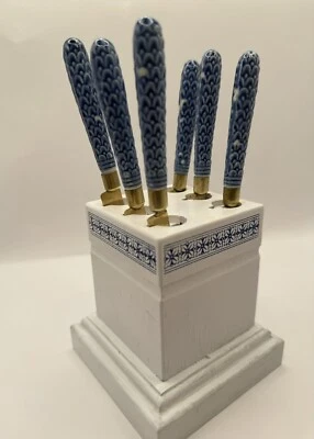 Antiguo Juego de 6 Cuchillos de Frutas Stahlbronce con Bloque de Madera - Manijas de Porcelana Foto 1 de 4