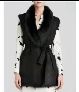 VINCE Luxe ReversibleToscana Shearling Leather Black Belted Vest M $1995 RARE!! - Picture 1 of 10