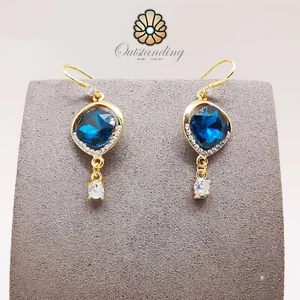 Large Blue Crystal Earrings Real 9CT Gold Filled S925 Sterling Silver - Picture 1 of 19