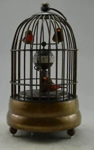 collectable Decorated Old Copper Carved Bird In Cage Mechanical Table Clock - Picture 1 of 5