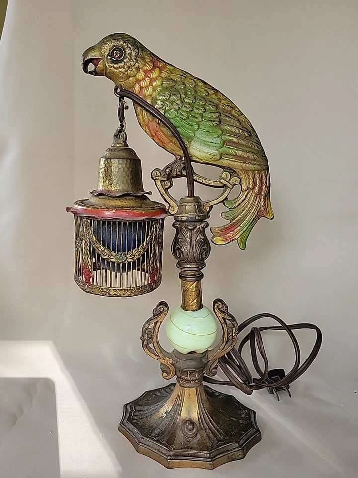 Antique Art Deco Metal Painted Cast Iron Parrot W/ Lantern Lamp W/uranium Green  - Image 1 of 4