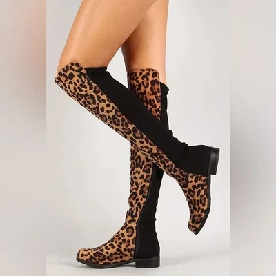 Botas acolchadas elásticas de gamuza veganas sobre la rodilla Gillean leopardo negro Unisa 8M Foto 1 de 4