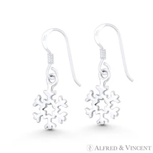 Tiny Snowflake Winter Holiday Charm .925 Sterling Silver Dangling Hook Earrings - Picture 1 of 1