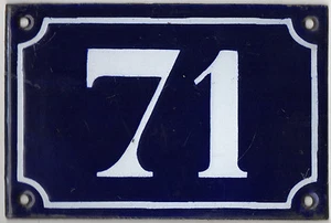 Old blue French house number 71 door gate plate plaque enamel metal sign c1900 - Picture 1 of 2