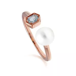 Modern Pearl & Blue Topaz Open Ring in Rose Gold Plated Sterling Silver - Picture 1 of 1