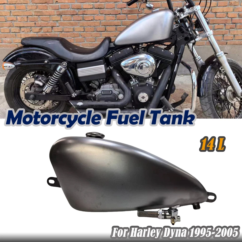 Tanque de combustible de gasolina 14L para motocicleta con tapa para Harley Dyna 1995-2005 plateado nuevo Foto 1 de 4