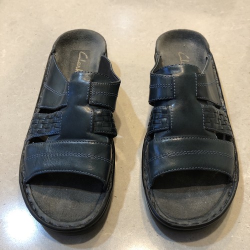 Sandali Clarks grigio blu slide punta aperta scarpa in pelle taglia 8m