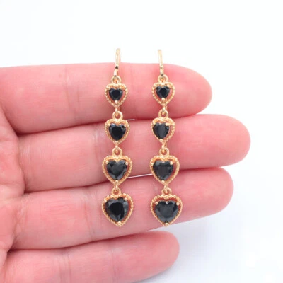 18K Yellow Gold Filled Women Blue Topaz Love Hearts Dangle Earrings Jewelry - Image 1 of 2