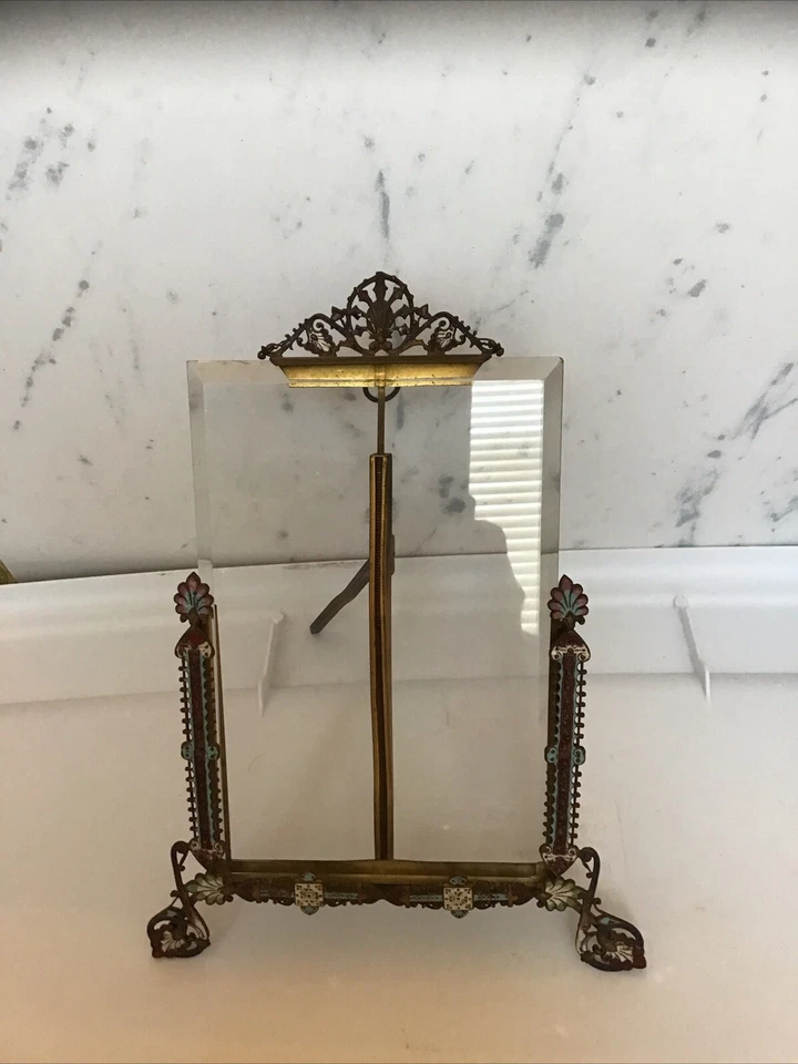 Antique French Champleve Dresser Top/Hanging Picture Frame Beveled Glass Insert - Image 1 of 4