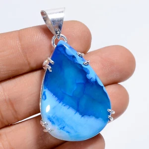 Sky Blue Dendrite Opal Gemstone Fashion Jewelry 925 Silver Pendant 1.8" ARP-5299 - Picture 1 of 3