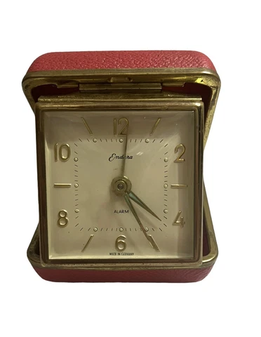 ENDURA Vintage Folding Mechanical Travel Alarm Clock Red Case Germany Cover