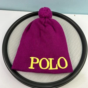Polo Ralph Lauren Pom Beanie YOUTH Pink Purple w/ Yellow Spellout Cashmere Blend - Picture 1 of 9