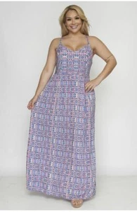 Womens Plus Size Pink and Blue Maxi Dress 2X Tall Summer Travel Sundress - Picture 1 of 3