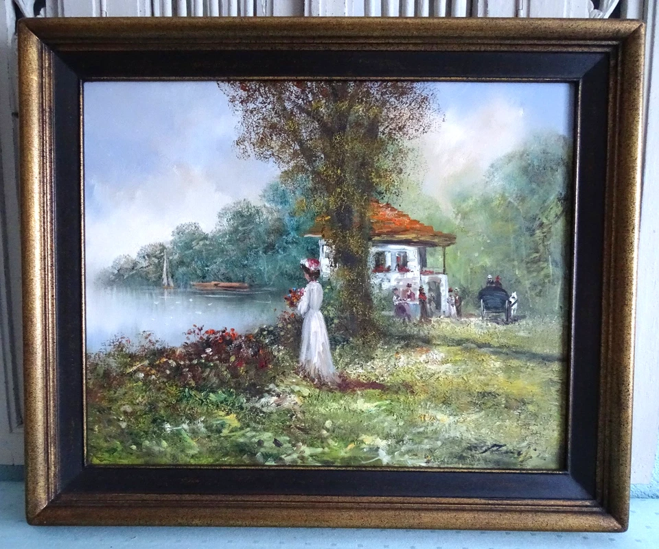 Madjid Ölgemälde Ölbild Holzrahm romantische Landschaft " junge Frau am See" - Bild 1 von 4