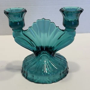 Jeannette SWIRL ULTRAMARINE BLUE 5 1/4" DOUBLE BRANCH CANDLE HOLDER Aqua - Picture 1 of 10