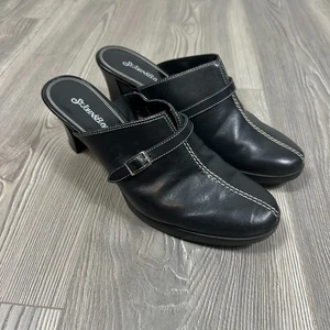 St. John’s Bay Black Leather Mule Clogs Size 8 – White Stitching Buckle Detail - Picture 1 of 5