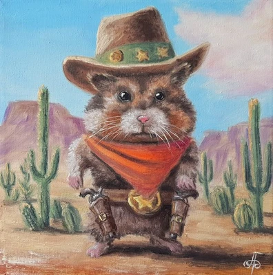 Ukraine Artist Oil Painting Cowboy Hamster Wall Art Home Decor Original Gift - Image 1 of 4