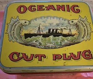 Vintage Oceanic Cut Plug Tabakdose Union Made Detroit Steamship Grafik - Bild 1 von 9