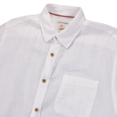 Карбоновая 2 кобальтовая мужская M белая 100% льняная вязаная рубашка поло на пуговицах - Изображение 1 из 4