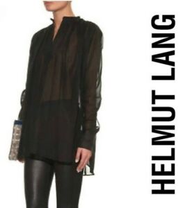 BNWT HELMUT LANG women's black oversized cotton sheer L/S poet blouse top szL
