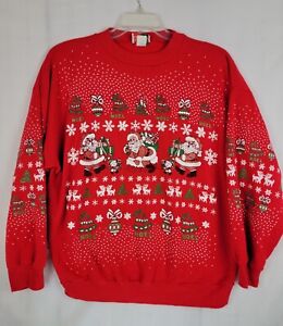Sweat-shirt cracker à noix vintage de Noël rouge grande peinture bouffante Père Noël flocons de neige L