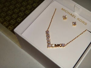 MICHAEL KORS Gift SET Yellow Gold Necklace & Earrings MK Logo & Crystals +MK BOX - Picture 1 of 7