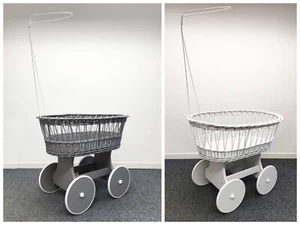 Grey/white Wicker Wheels Crib Baby Moses Basket With Canopy Holder - Picture 1 of 8