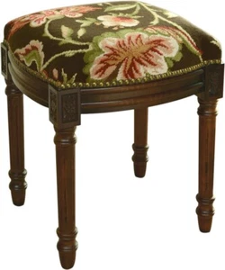 Vanity Stool Jacobean Floral Flowers Brown Wood Stain Wool Upholstery - Picture 1 of 2