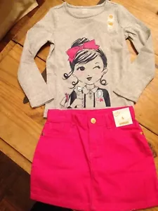 NWT Gymboree Fairy Tale Forest Pink Denim Skirt I Love Books Girl Gray Top Set 5 - Picture 1 of 3