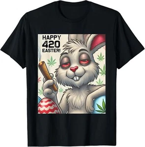 420 Easter Bunny Funny Weed Smoking Rabbit Cannabis 4/20 T-Shirt - Picture 1 of 4