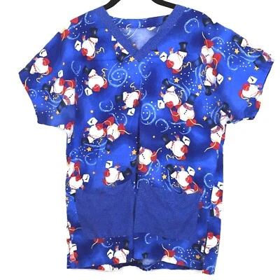 Dizzy Snowmen Scrub Top Womens Medium Blue V Neck 2 Pockets Winter Home Made  - Image 1 of 4