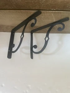 Vintage Pair Set/2 Black Decorative Metal Wall Shelf Bracket Hammered Finish - Picture 1 of 5
