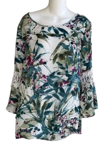 Zac & Rachel Floral Tunic Top Bell Sleeves Lace Insert Green Multi Ladies Large - Imagen 1 de 4