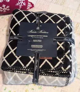 Brooks Brothers Luxurious Cotton Throw Blanket Geometric Gray / White NEW - Picture 1 of 6