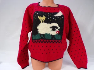 Vintage Woolrich 100% Pure Wool L/S Sweater Women M Sheep Moon Red Navy B25 - Picture 1 of 8