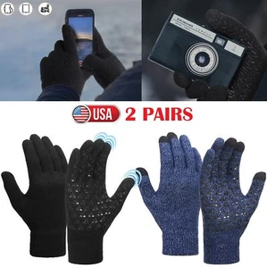2 Pairs Winter Knit Anti-Slip Gloves Warm Touch Screen Full Finger Gloves Unisex - Picture 1 of 13