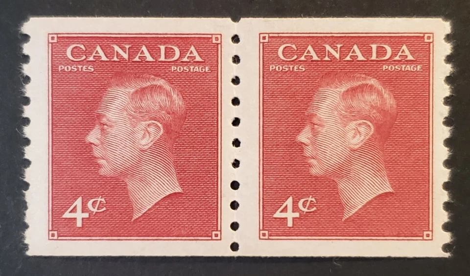 Stamps Canada Mint: #300 4c dk. carmine Geo. Vl with "P&P" coil pair F/VF MNH - Image 1 of 1