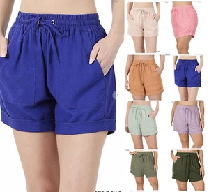 Zenana 65052 Linen Rayon Drawstring Waist Casual Shorts Pockets Regular & PLUS - Picture 1 of 14