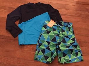 Gymboree Boys Ocean Blue Colorblock Rashguard Sea Green Geo Board Shorts 4 4T - Picture 1 of 10