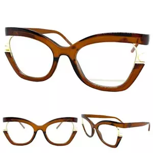 Exaggerated Vintage Retro Cat Eye Style Clear Lens EYE GLASSES Large Brown Frame - Picture 1 of 6