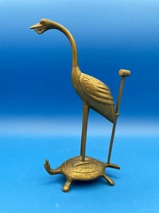 Chinese Brass Longevity Crane Standing On Turtle Figurine 8" Includes Mallet - Picture 1 of 18