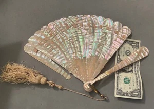Victorian Handcarved Mother of Pearl MOP 16 Blades Hand Fan with Tassels AS IS - Picture 1 of 4